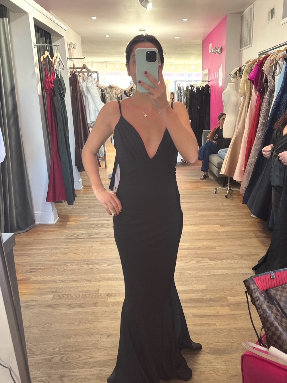 Bari Jay Black Spaghetti-Strap V-Neck Evening Gown